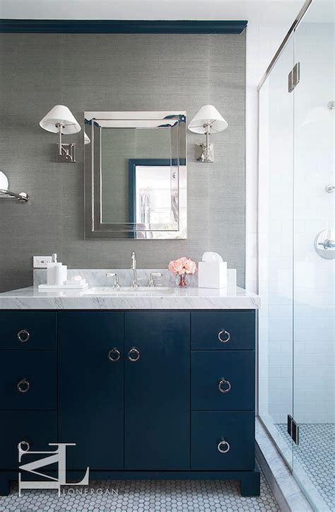 navy blue and grey bathroom.